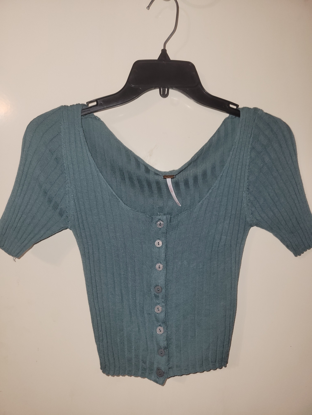 Free People Ribbed Scoop Neck Crop Sweater in Teal Green